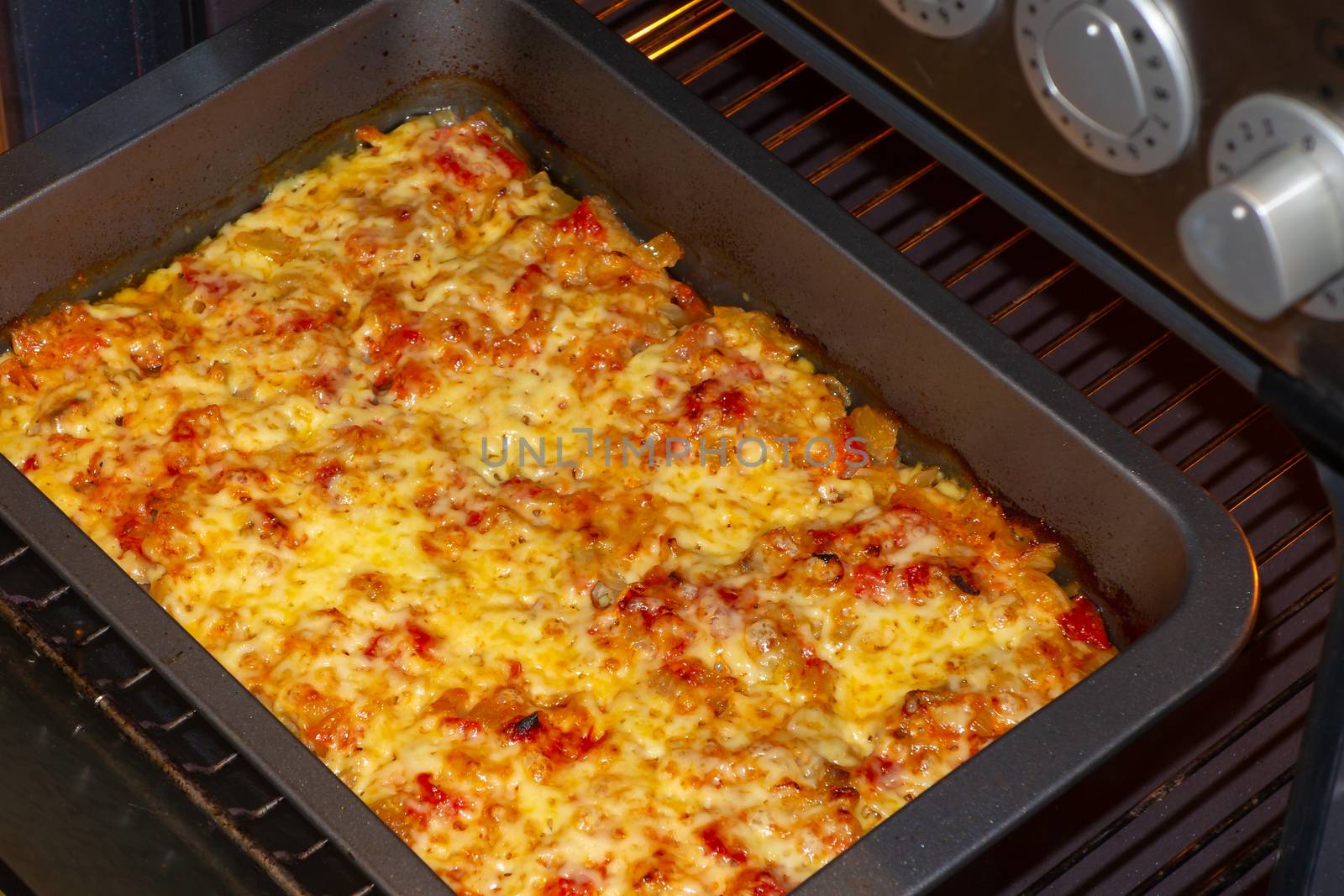 Freshly baked fish, meat and vegetable casserole with tomatoes and cheese.