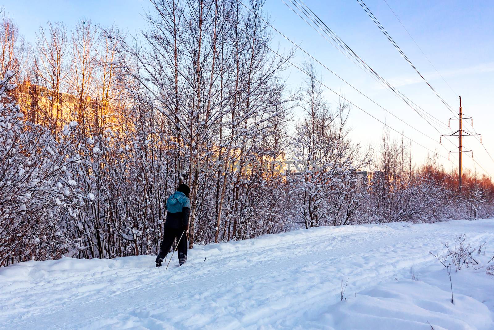 Male skier rides in the winter park at sunset.