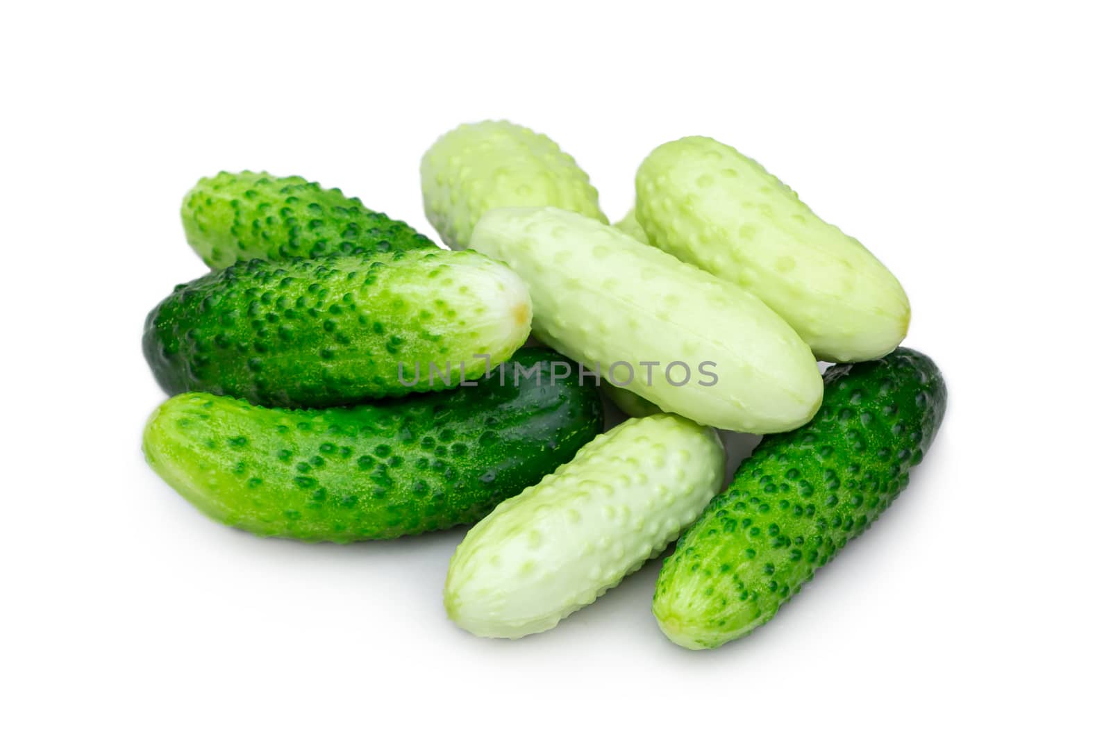 Several small cucumbers gherkins of different varieties isolated on white background by galsand