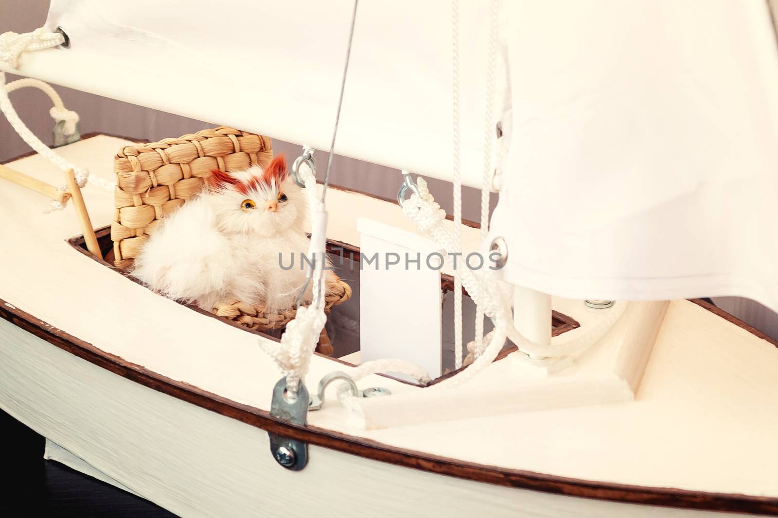 Toy cat sitting in a chair on the layout of a sailing yacht. Vacation dream concept by galsand