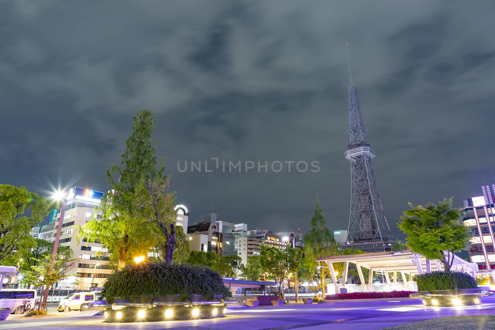 NAGOYA, JAPAN - April 26, 2019: Cityscape at night of  Nagoya TV Tower, the first consolidated radio tower built in Japan, finished on June 19, 1954. located at the center of Nagoya in Hisaya Odori Park in Sakae. It is a landmark of the city.