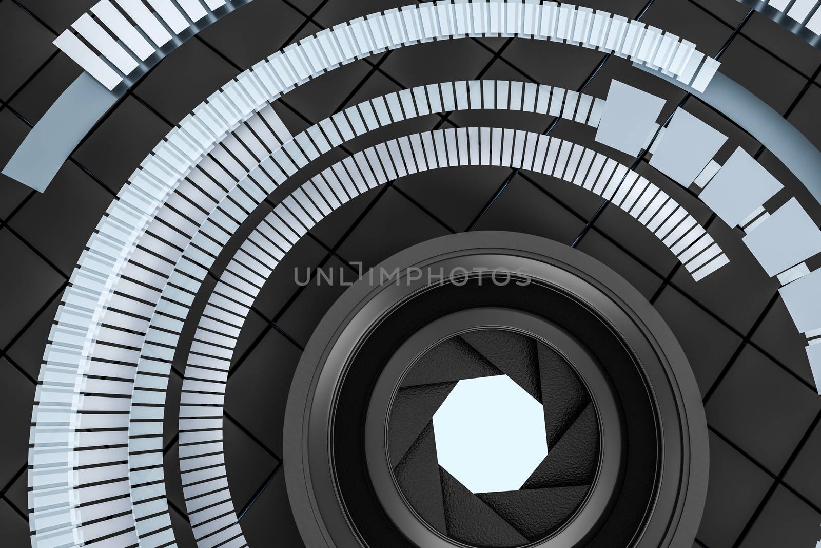 3d rendering, camera lens in a dark studio background. Computer digital image.