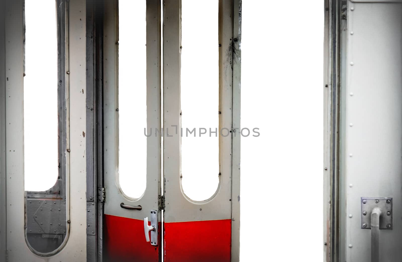 old tram open doors interior isolated white background - visit city with public transport concept by LucaLorenzelli