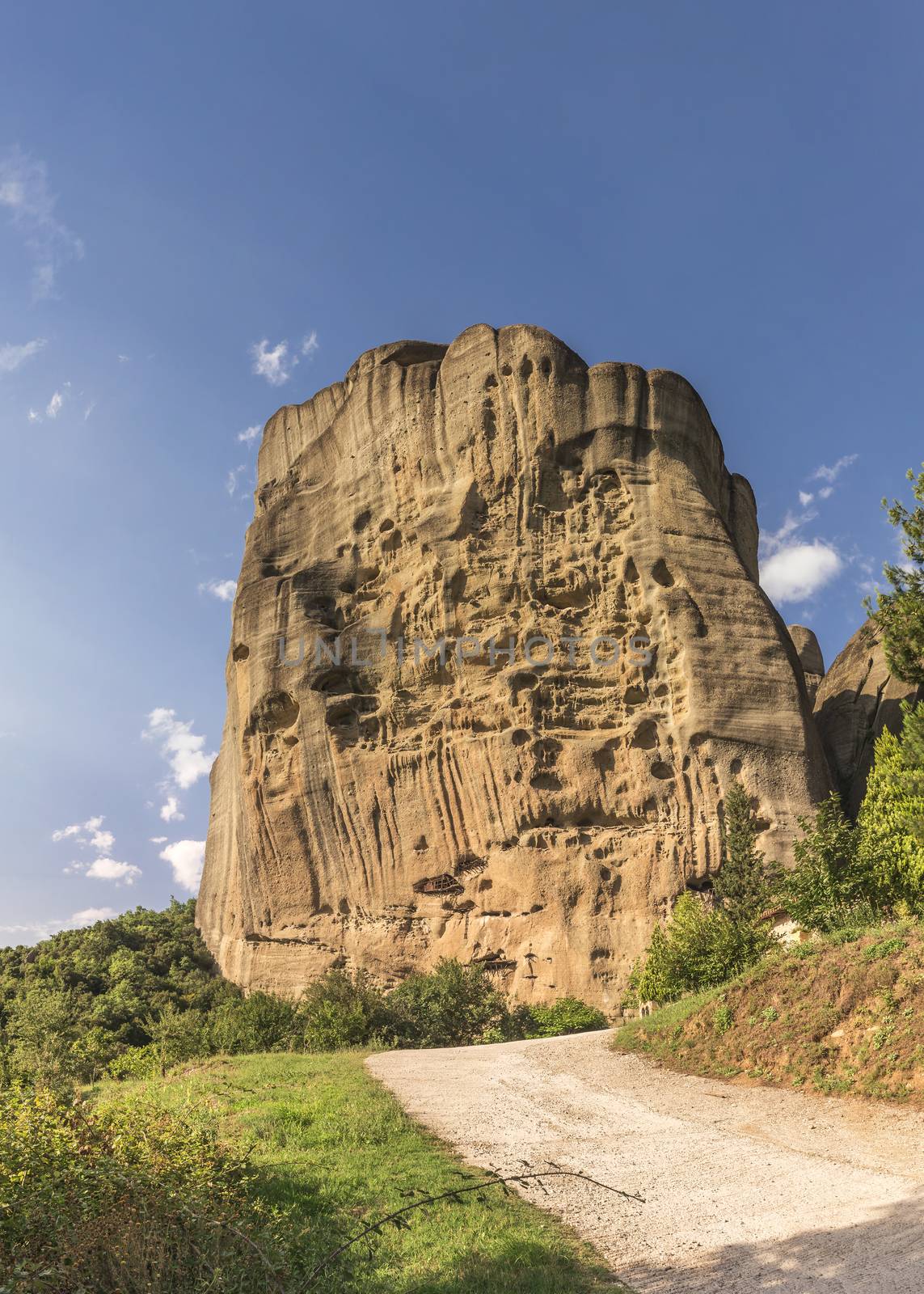 Monastic cave hermit monks houses and rock formation in Meteora near Trikala, Greece.