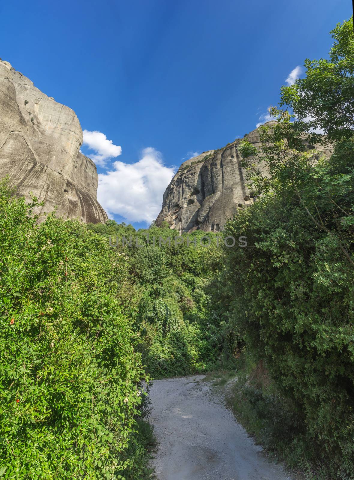 Monastic cave hermit monks houses and rock formation in Meteora near Trikala, Greece.