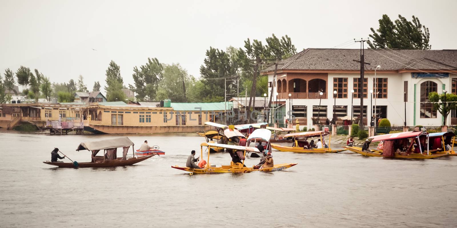 Dal Lake Jammu Kashmir, India May 2018 - Dal lake called Srinagar's Jewel for tourism recreation center. It is a wetland floating Mughal gardens divide four basins Gagribal, Lokut Dal, Bod Dal, Nigeen