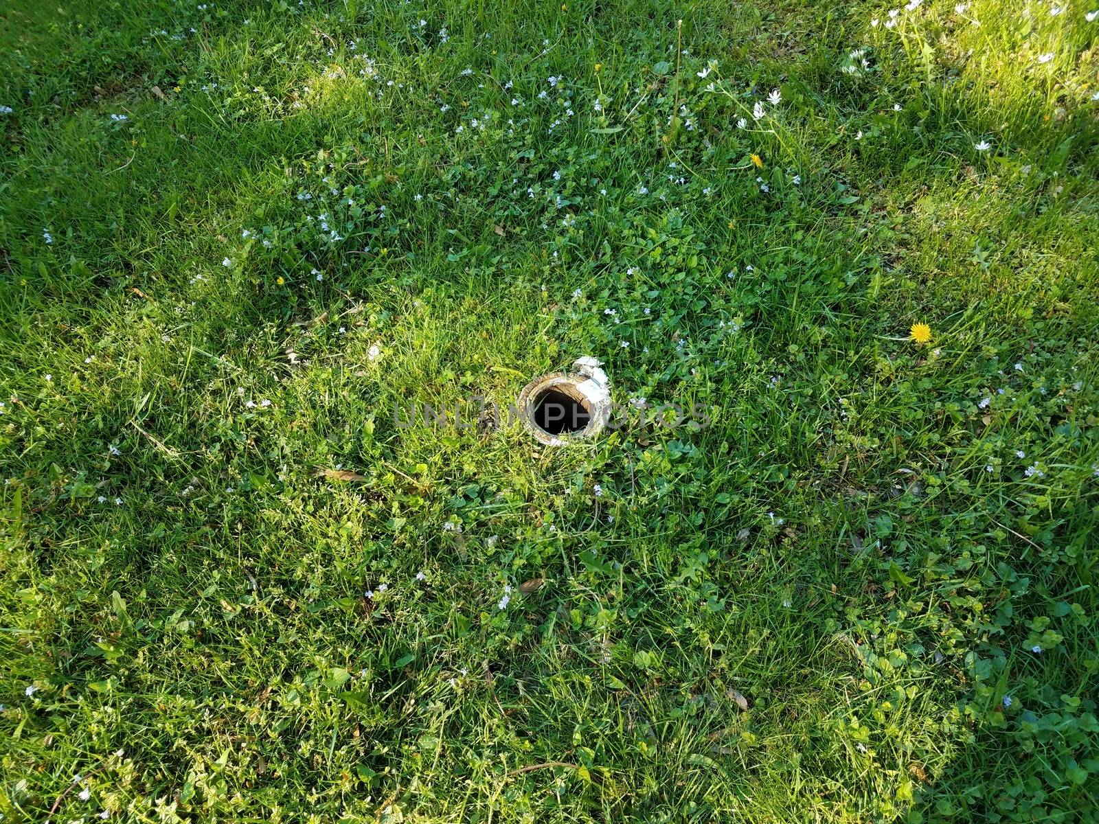 hole in metal pipe plumbing in green grass or lawn