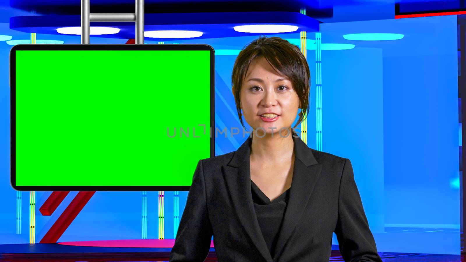 Female Asian American News anchorwoman in virtual TV studio with green screen suspended display, original design elements