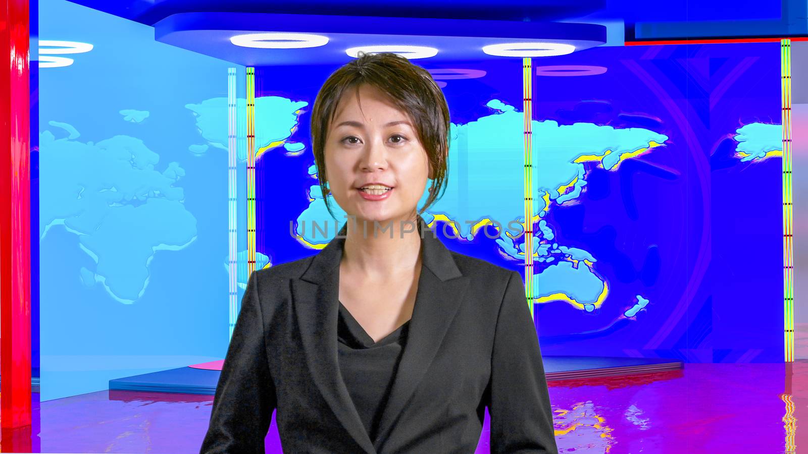 Female Asian American News anchorwoman in virtual TV studio, original design elements