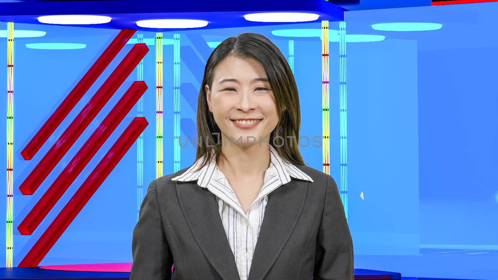 Female Asian American News anchorwoman in virtual TV studio, original design elements