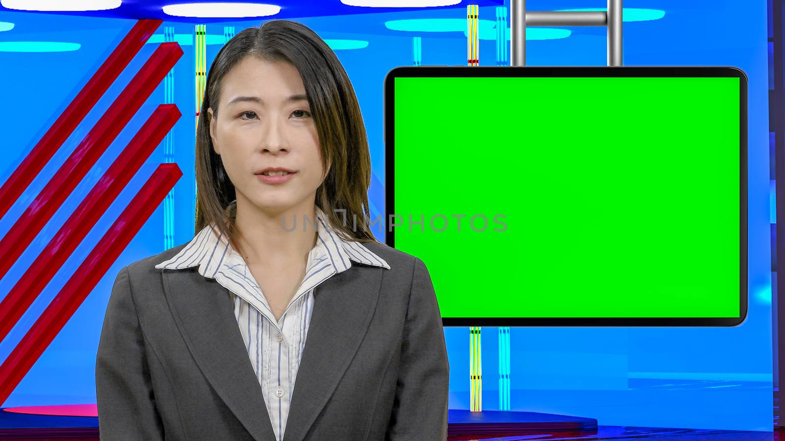 Female Asian American News anchorwoman in virtual TV studio with green screen suspended display, original design elements