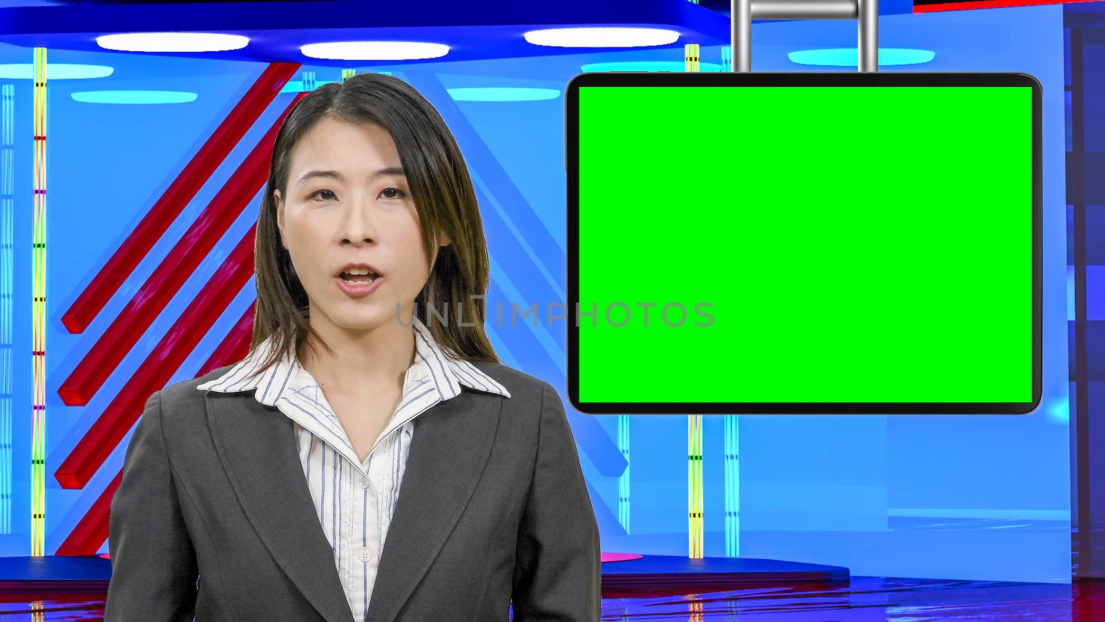 Female Asian American News anchorwoman in virtual TV studio with green screen suspended display, original design elements