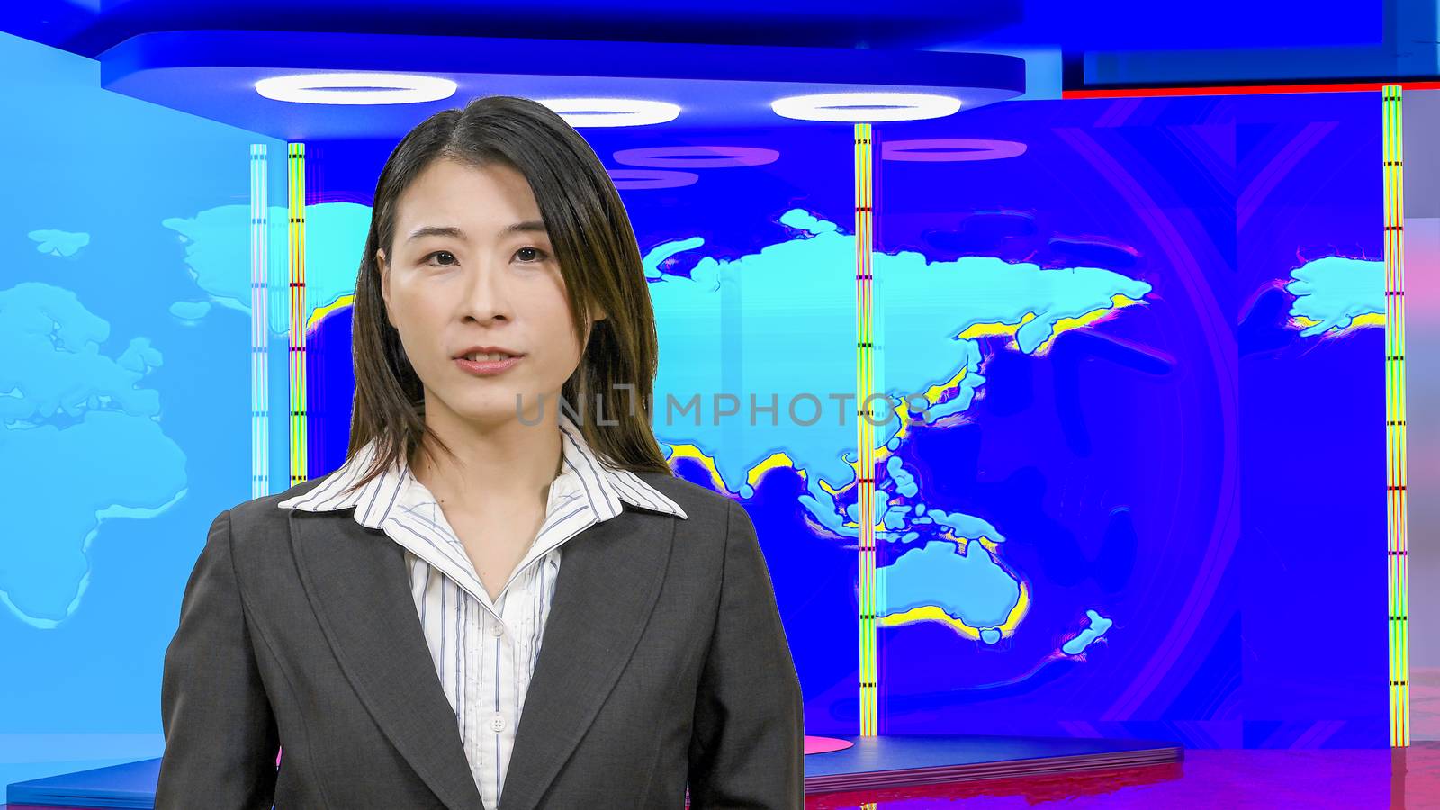 Female Asian American News anchorwoman in virtual TV studio, original design elements