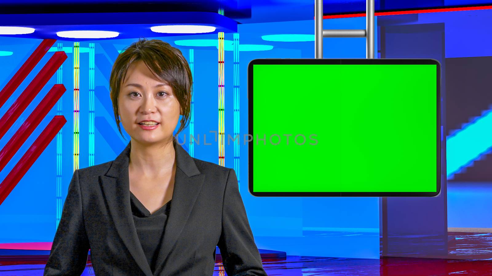 Female Asian American News anchorwoman in virtual TV studio with green screen suspended display, original design elements