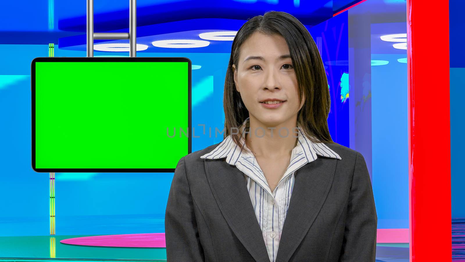 Female Asian American News anchorwoman in virtual TV studio with green screen suspended display, original design elements