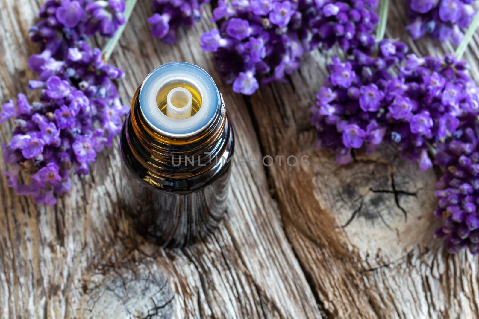 A bottle of essential oil with fresh blooming lavender on a rustic wooden background