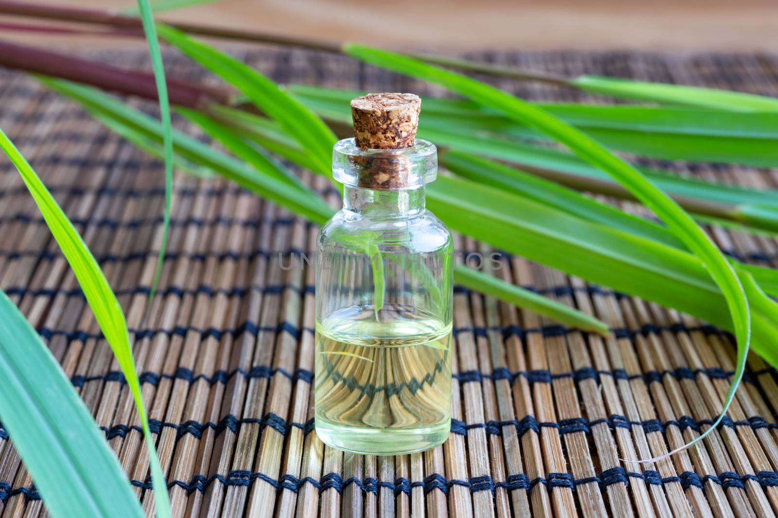 A bottle of essential oil with fresh lemon grass on a table