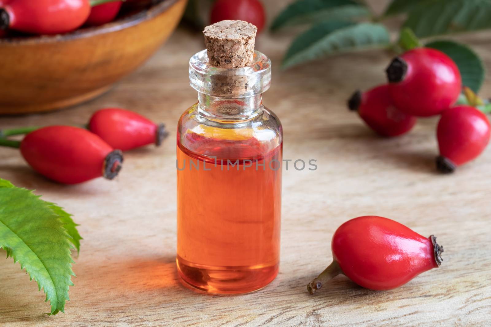 A bottle of rosehip seed oil with fresh rosehips by madeleine_steinbach