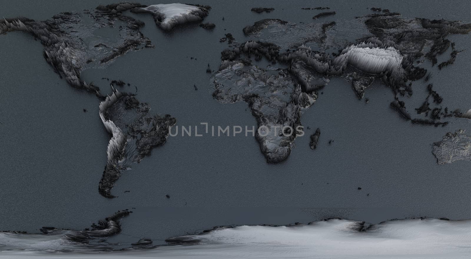 Abstract Black World Map, Continets Extruded or Displacement. 3D illustration