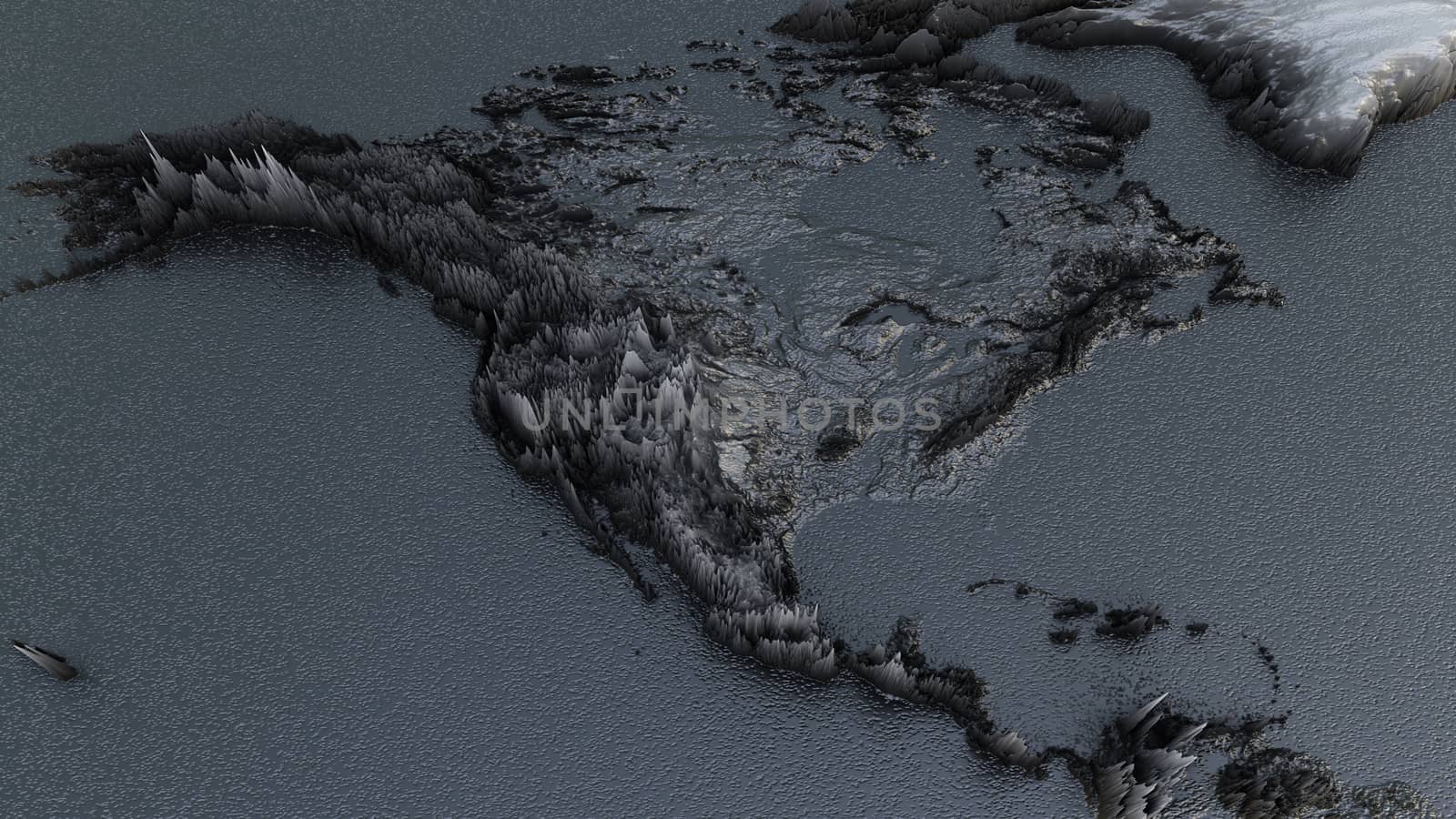 Abstract Black World Map, Continet Extruded or Displacement. 3D illustration