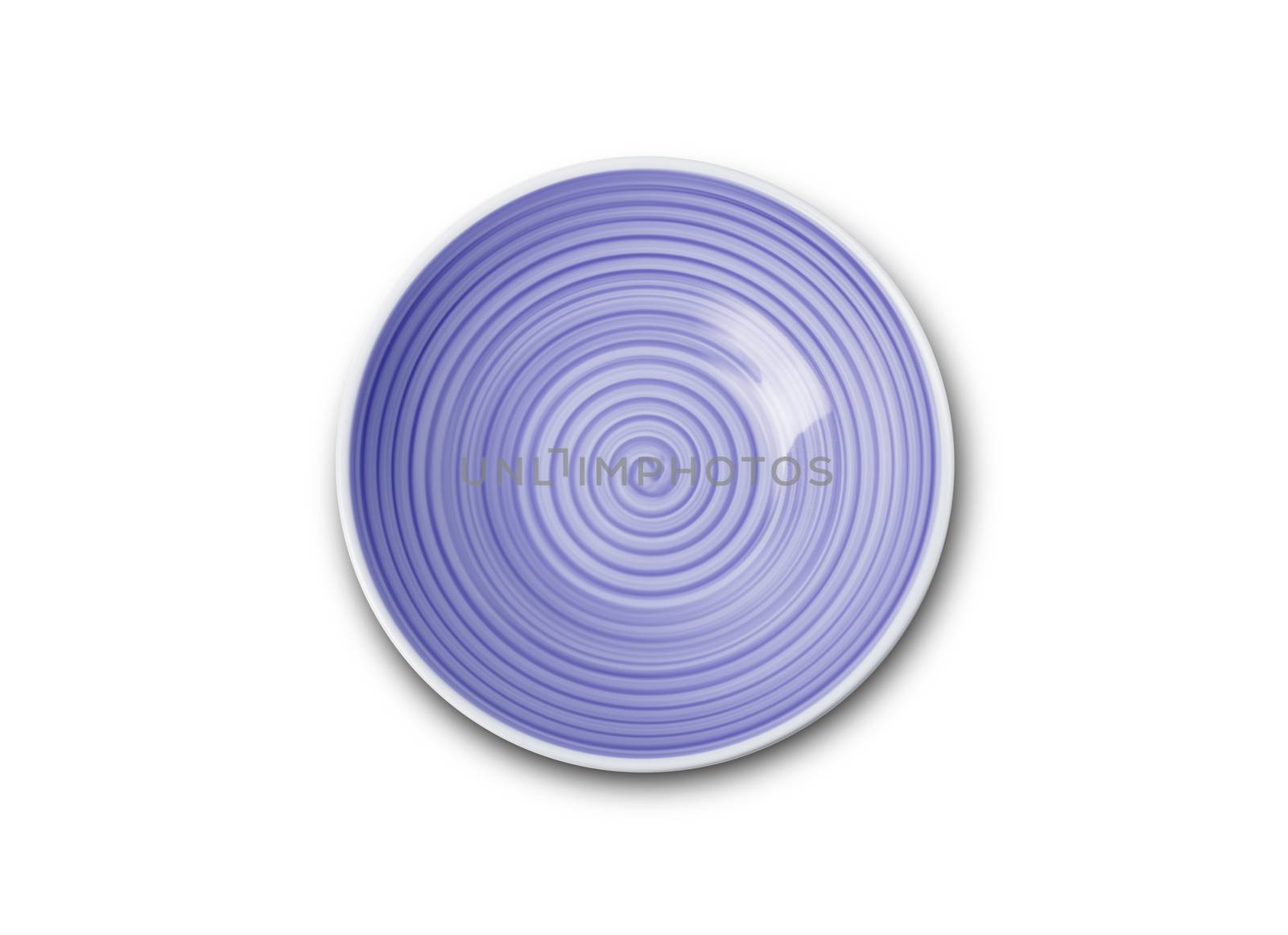 Empty blue ceramic plate with spiral pattern in watercolor styles, View from above isolated on white background with clipping path