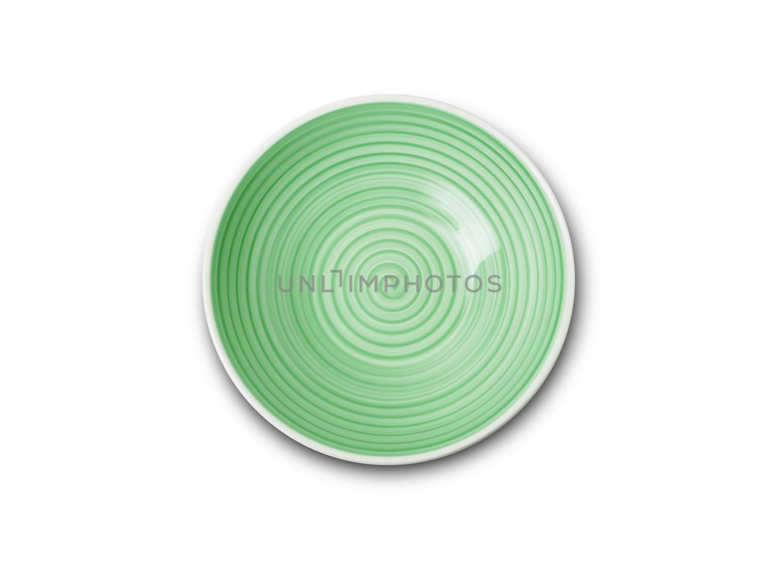 Empty green ceramic plate with spiral pattern in watercolor styles, View from above isolated on white background with clipping path