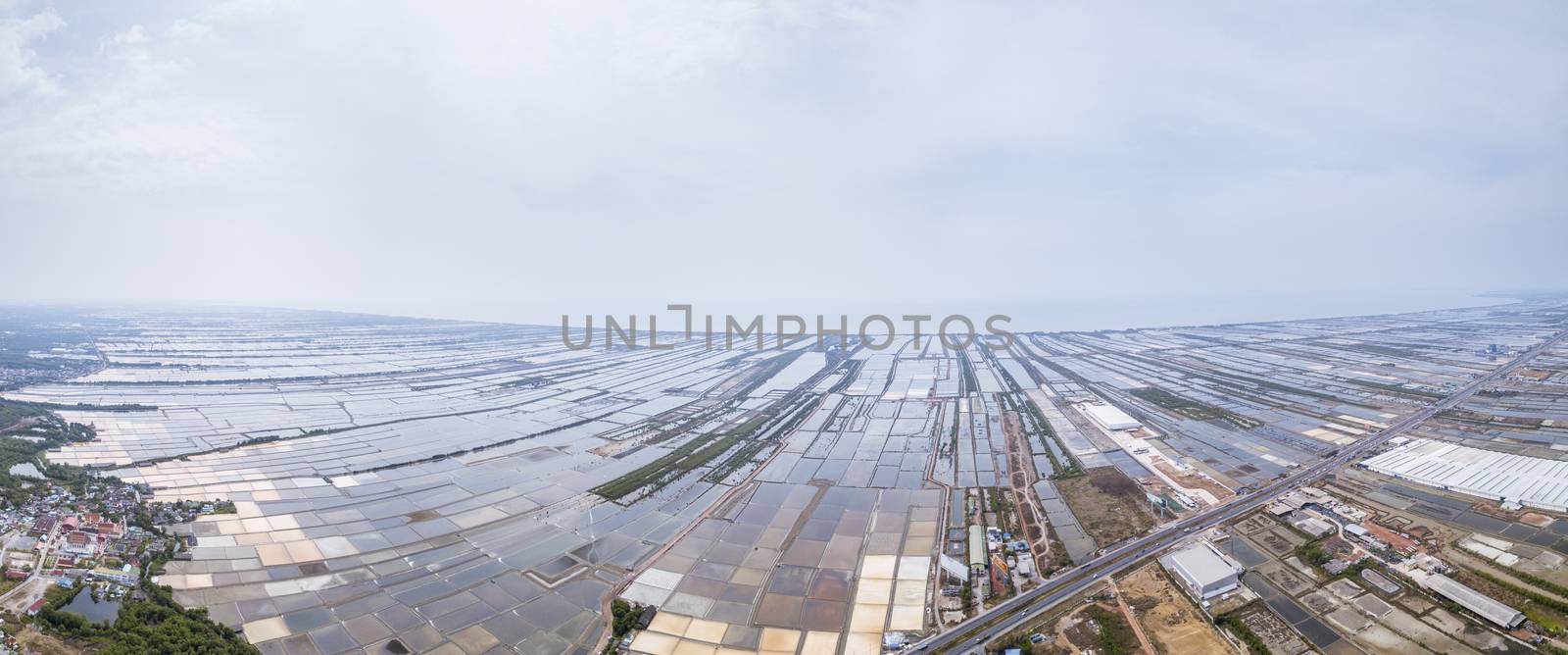 Aerial view panorama of Salt farming in Samutsakhon province, Thailand.