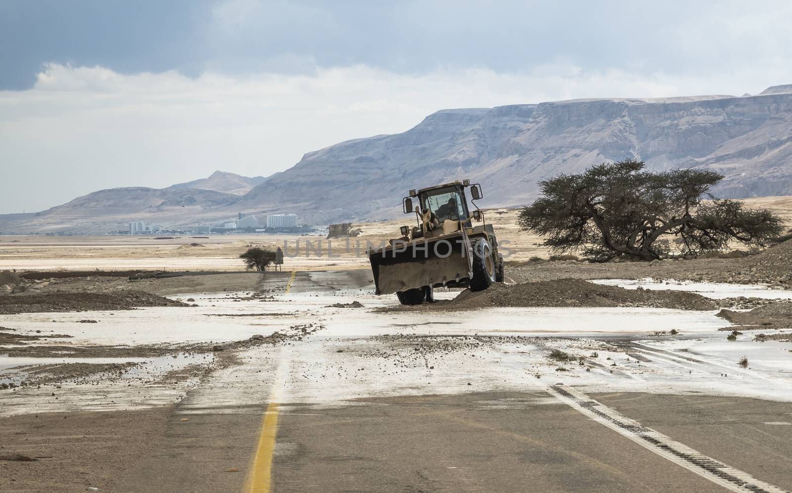 the main road 90 in Israel near Masada is blocked by floods and mud, the road goes from Eilat to jerusalem