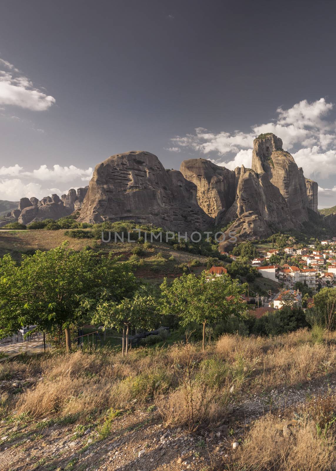 Panoramic view of the Kalambaka town at the foot of the Meteora Mountains in Greece on a sunny summer day