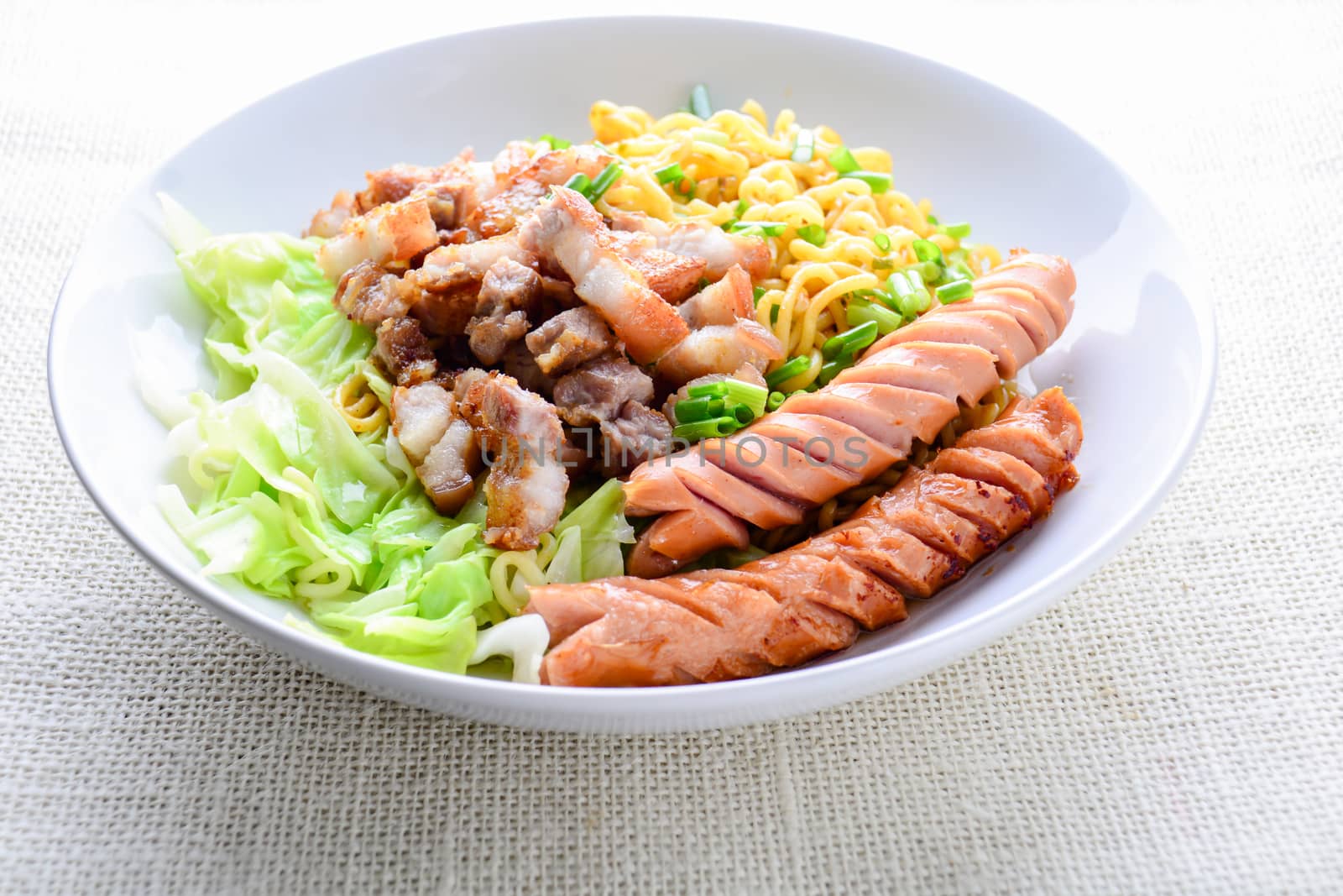 Udon noodles with grilled pork, sausage and cabbage - Japanese cuisine
