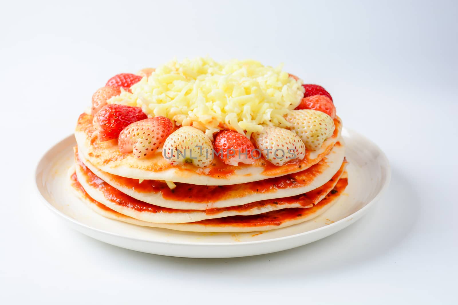 pizza with strawberry and cheeses, sweet pizza, layer cake pizza pn white background