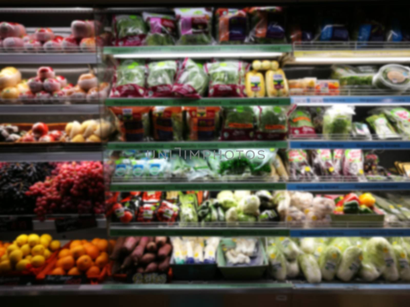 Blurred of product shelves in supermarket or grocery store, use as background
