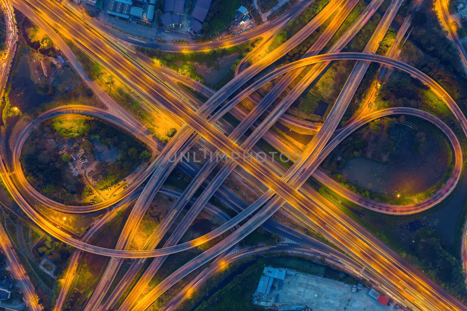 Aerial view of busy highway road junctions at night. by gutarphotoghaphy