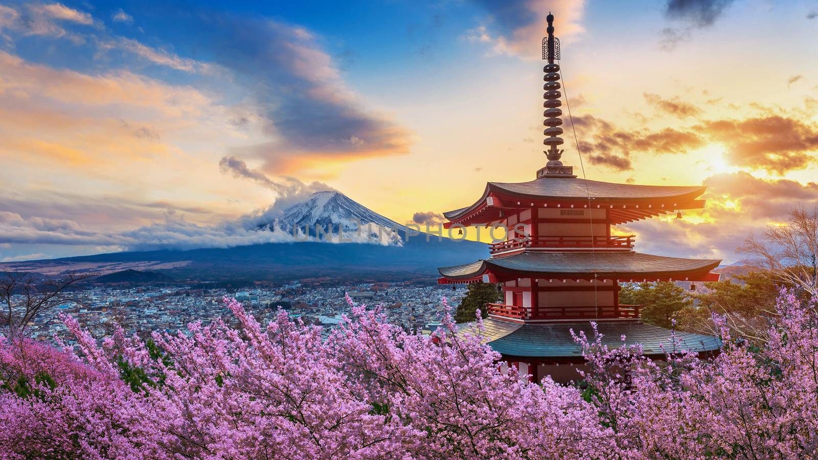 Beautiful landmark of Fuji mountain and Chureito Pagoda with cherry blossoms at sunset, Japan. Spring in Japan. by gutarphotoghaphy