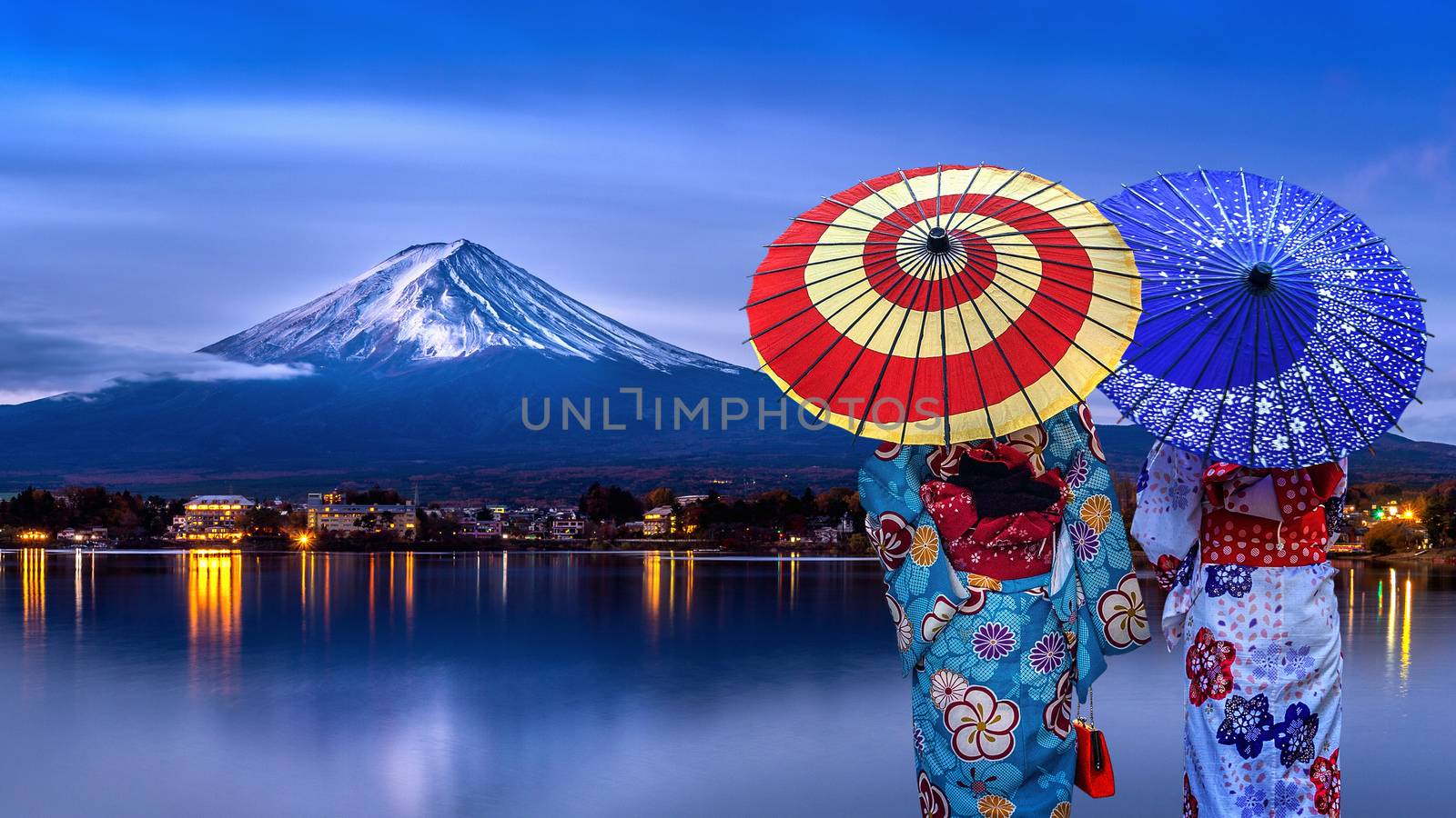 Asian womans wearing japanese traditional kimono at Fuji mountain, Kawaguchiko lake in Japan. by gutarphotoghaphy