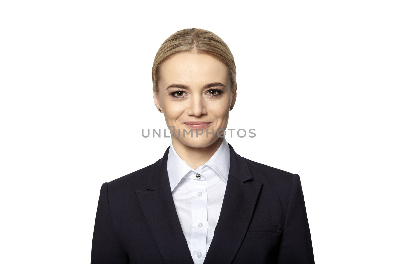 Portrait of smiling blonde in business outfit. Studio shot isolated on white background. 