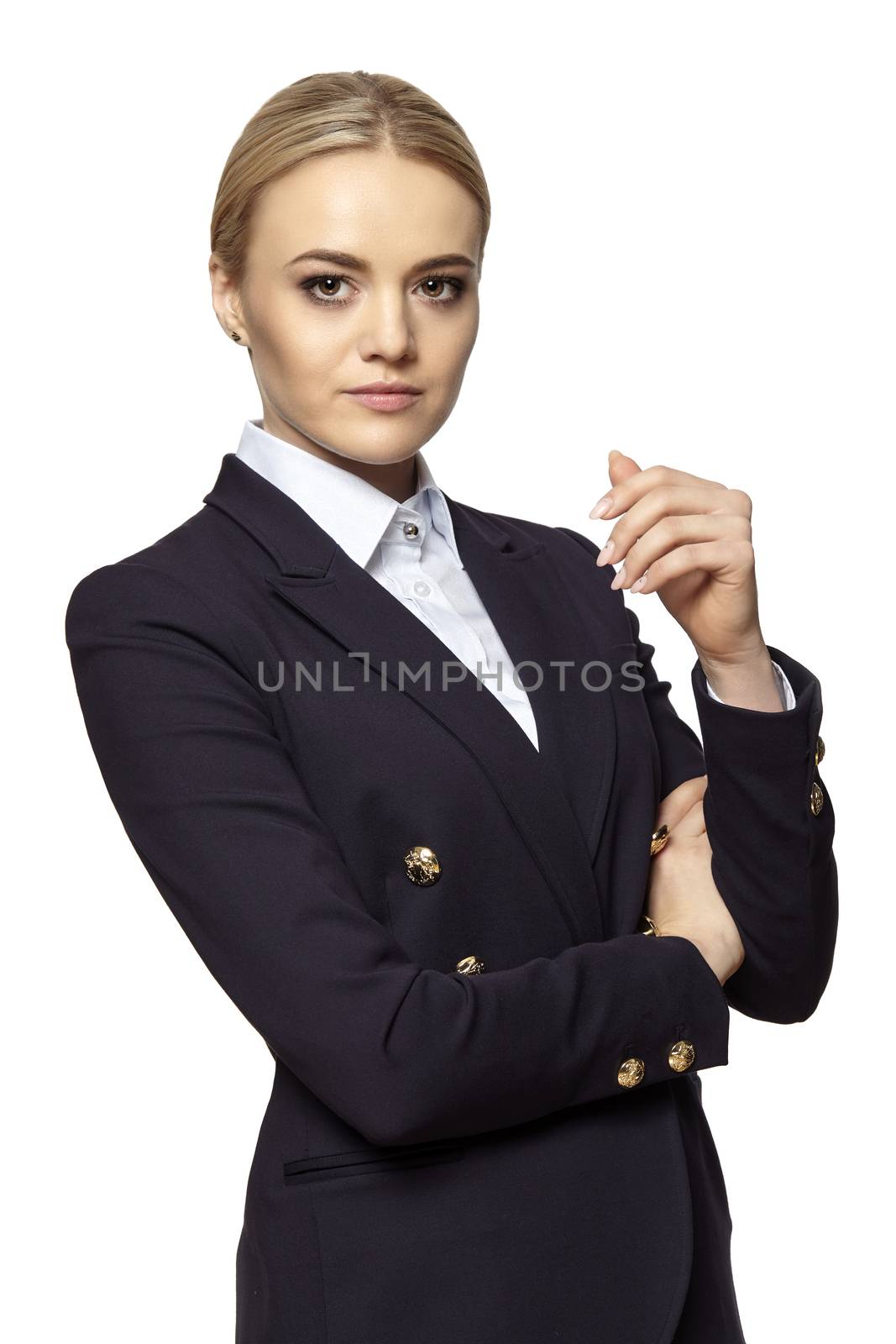 Studio portrait of a serious blonde business woman with raised hand. Isolated on white background.