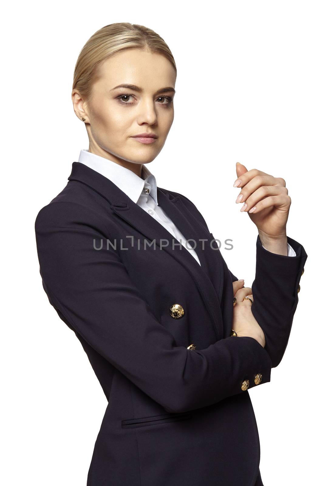 Studio portrait of a serious blonde business woman with raised hand. Isolated on white background.