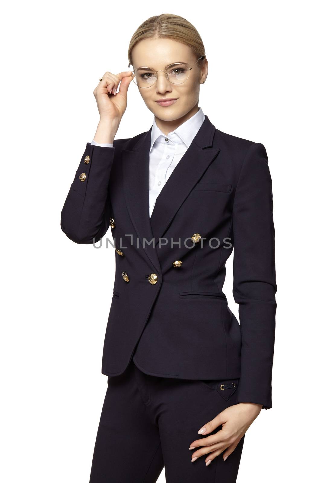Portrait of young beautiful blonde business woman on white background.