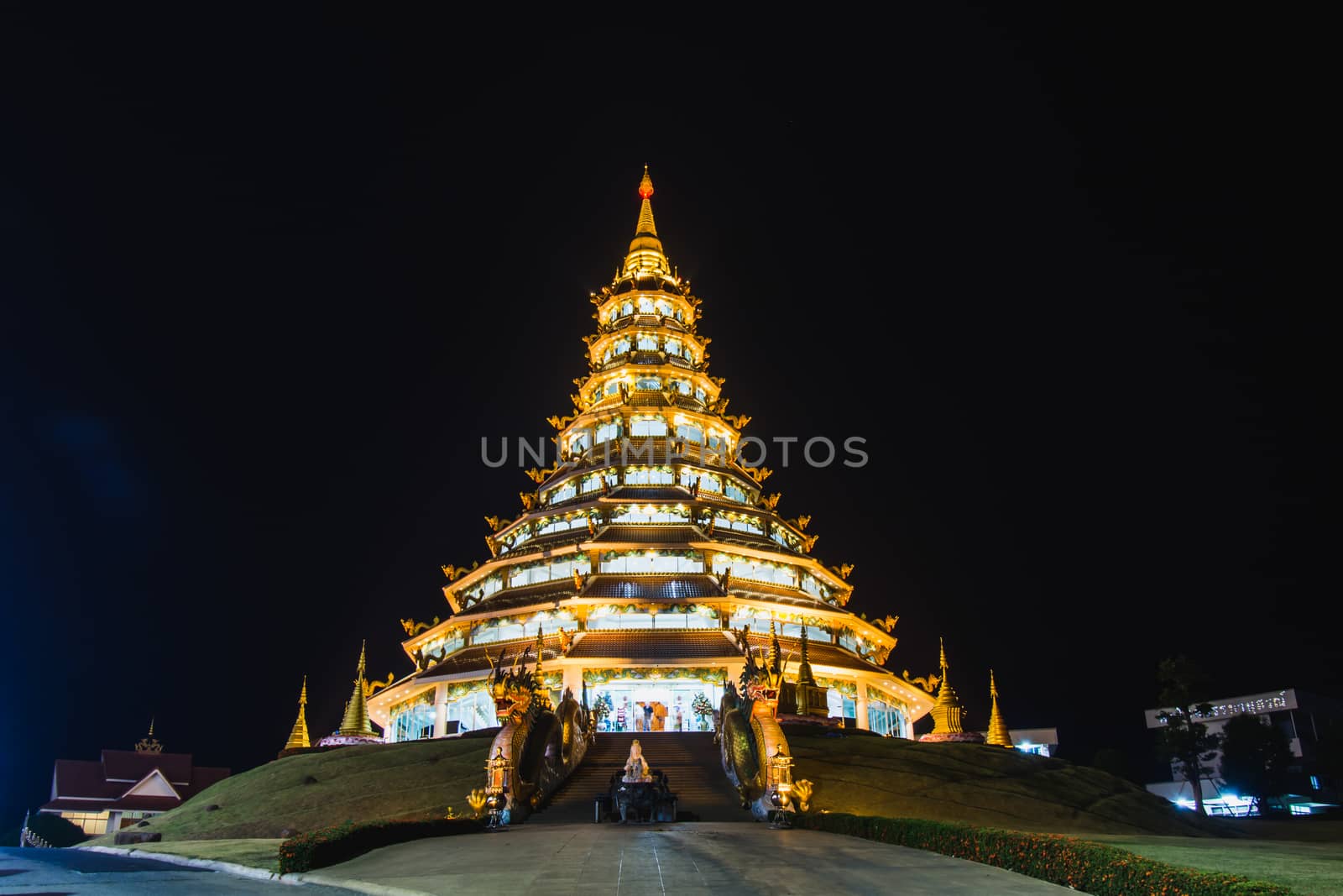 Wat Huay Pla Kang, beaufiful chedi (pagoda) at night, Chinese temple in Chiang Rai Province, northern of Thailand.