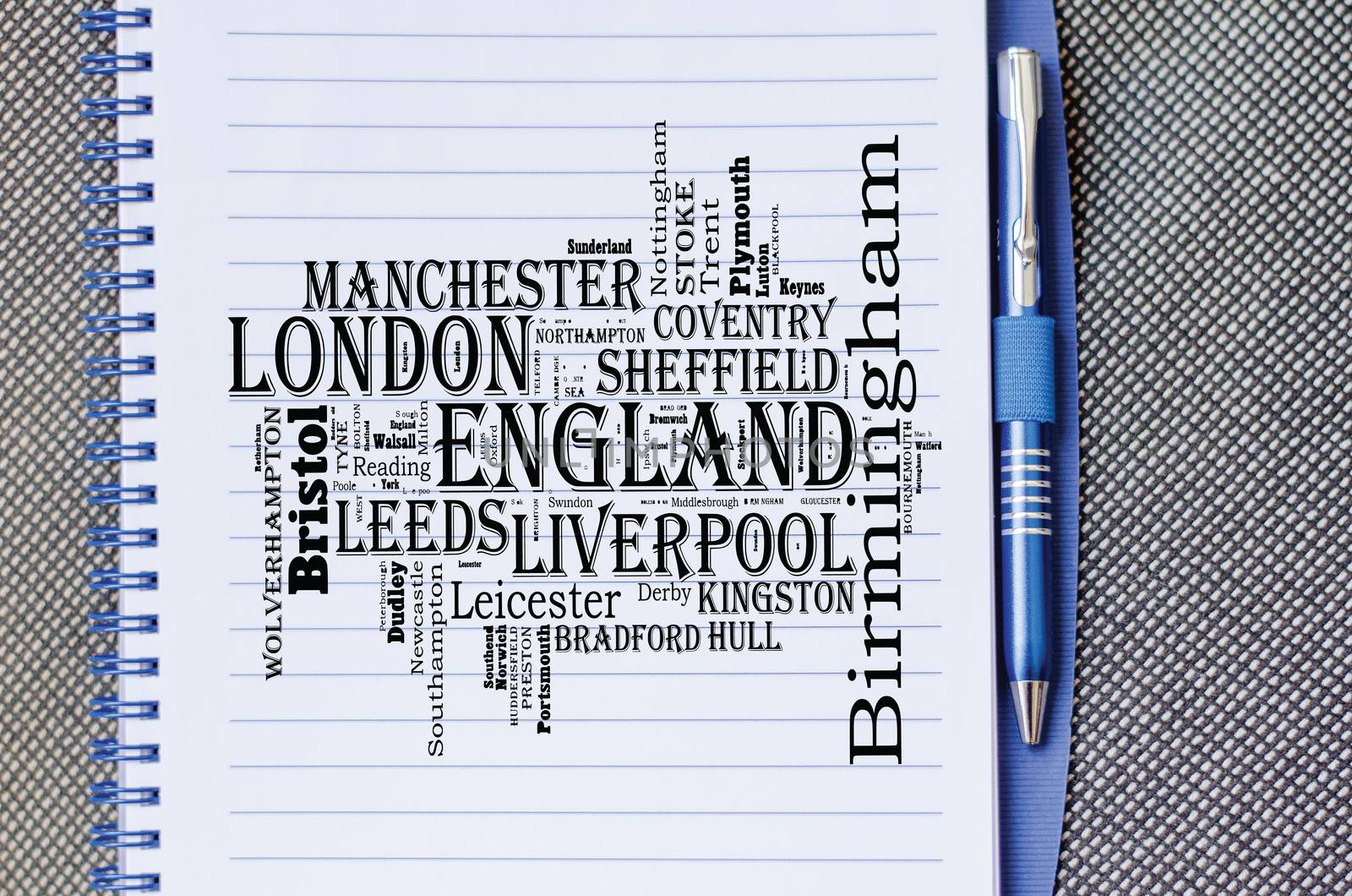 Localities in England word cloud travel concept over notepad background