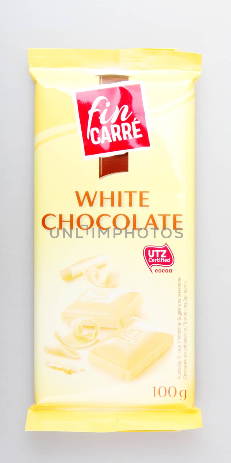 Pomorie, Bulgaria - April 30, 2019: Fin Carré Chocolate (100g) Against White Background.