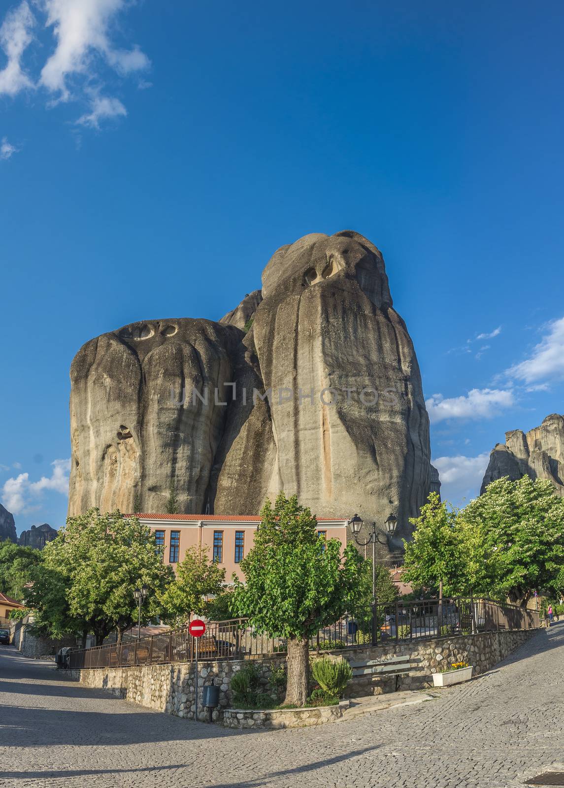 Kastraki, Greece - 07.04.2018. Panoramic view of the Kastraki village at the foot of the Meteora Mountains in Greece on a sunny summer day