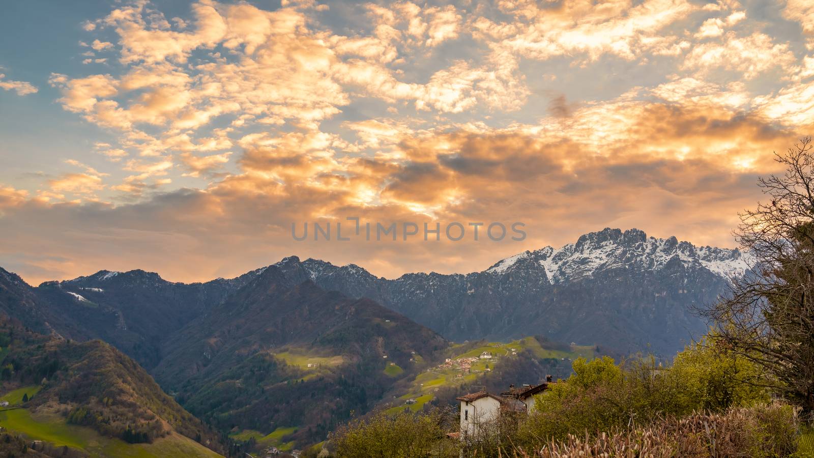 Mountain valley during sunset. Natural spring/autumn landscape.Seriana valley near Bergamo,lombardy,italy.