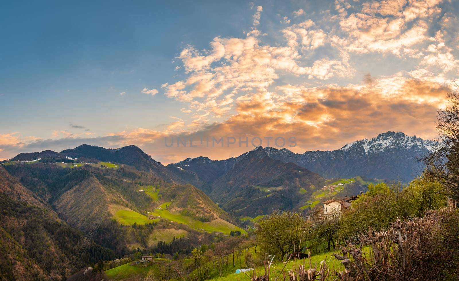 Mountain valley during sunset. Natural spring/autumn landscape.Seriana valley near Bergamo,lombardy,italy.