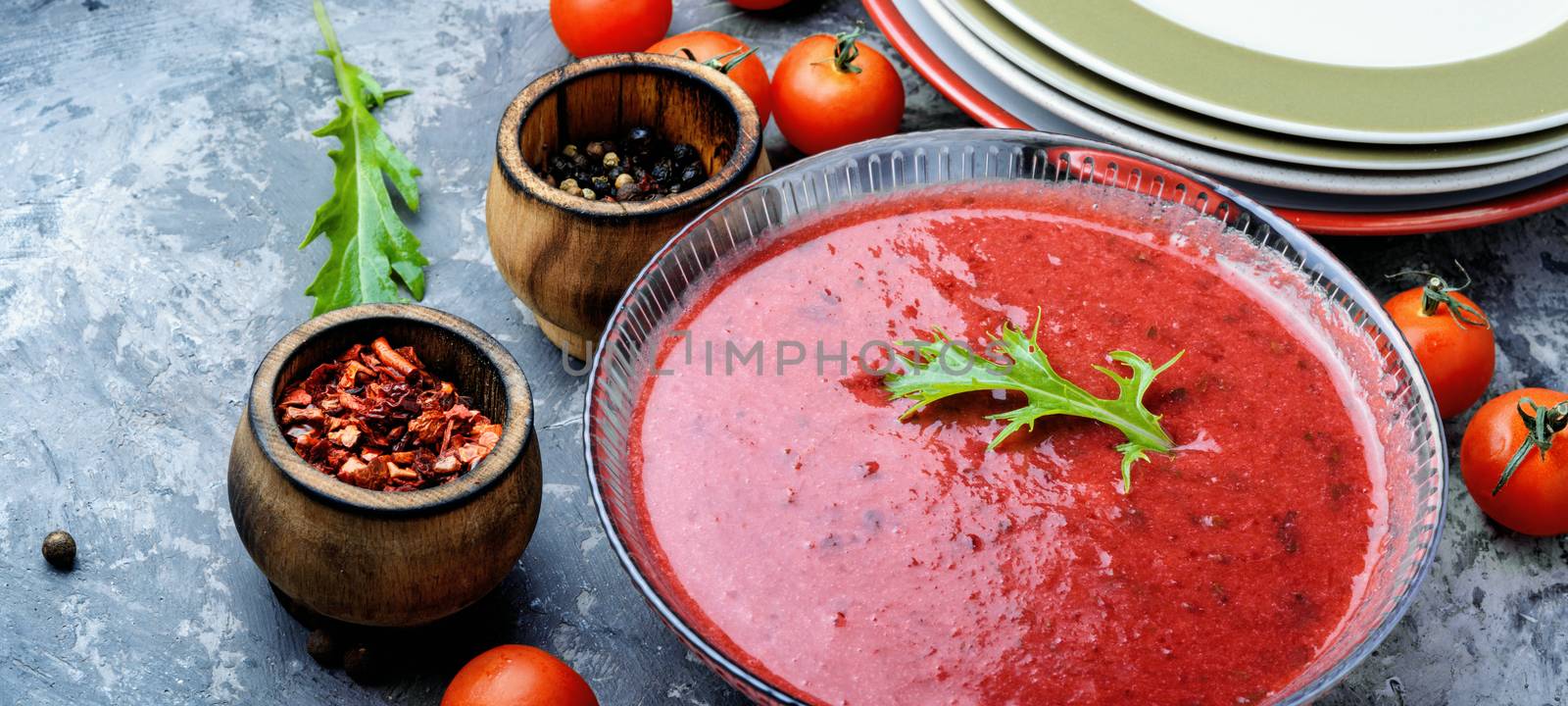 Spanish cold vegetable soup gazpacho.Dish of Spanish cuisine
