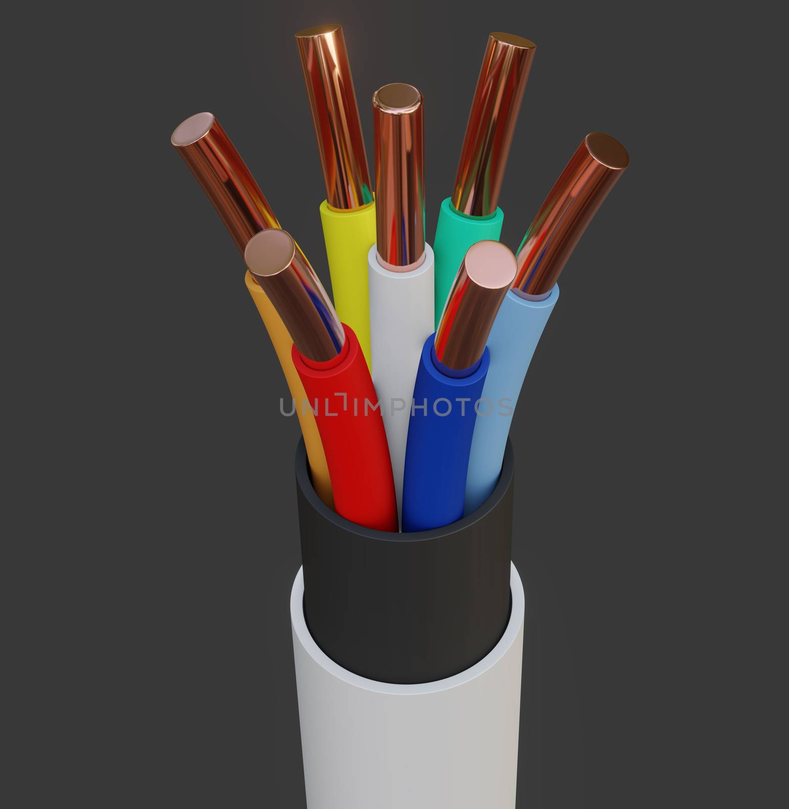 Seven-wire cable, different colors. Gray background. Glow effect. 3D illustration