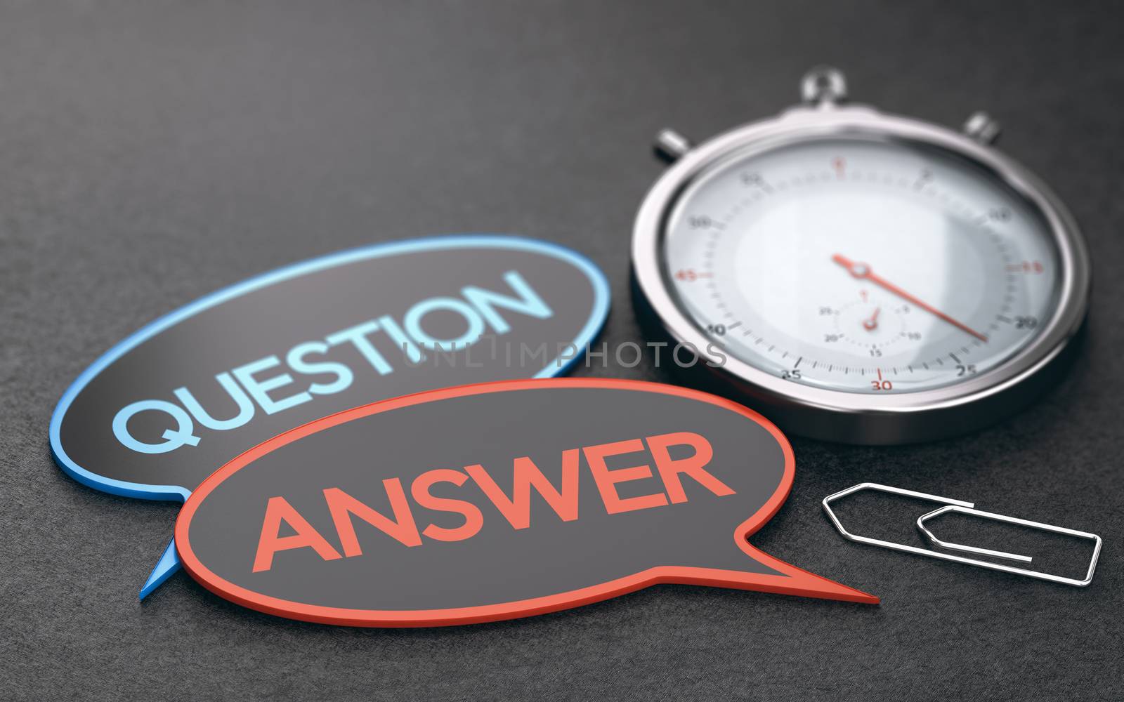 Stopwatch over black background with speech bubbles with the words question and answer. Concept of customer service wait times. 3D illustration