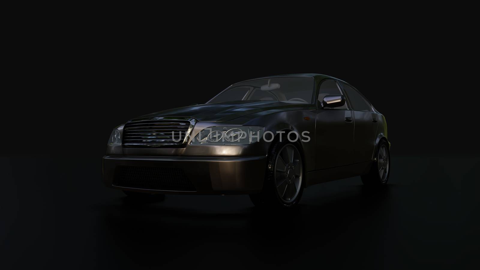 Modern sedan car on the dark background. 3d illustration