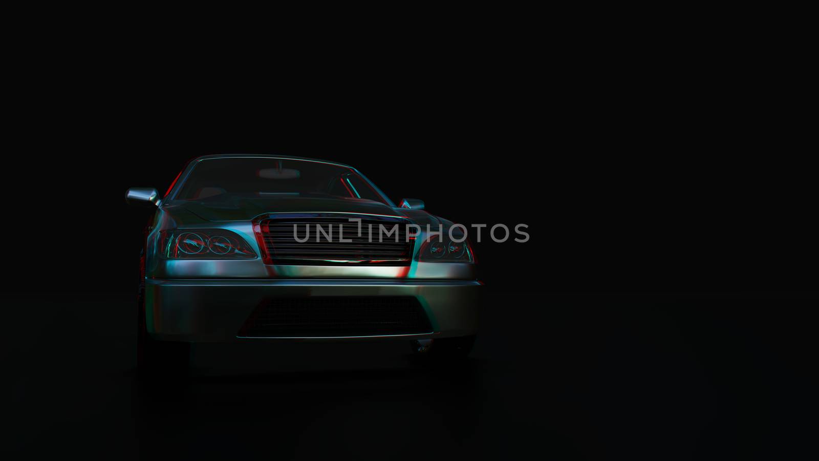 Modern sedan car on the dark background. 3d illustration. 3d anaglyph effect